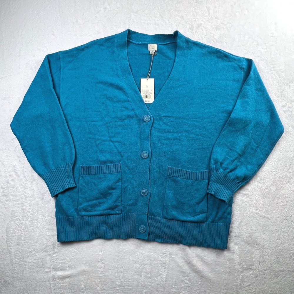 A New Day Womens Turquoise Blue V-Neck Button Cardigan Sweater Pockets XL